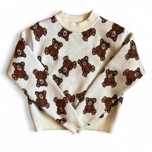 Cream Teddy Bear Knit Sweater Retro Kawaii Coquette Cute Novelty Size S